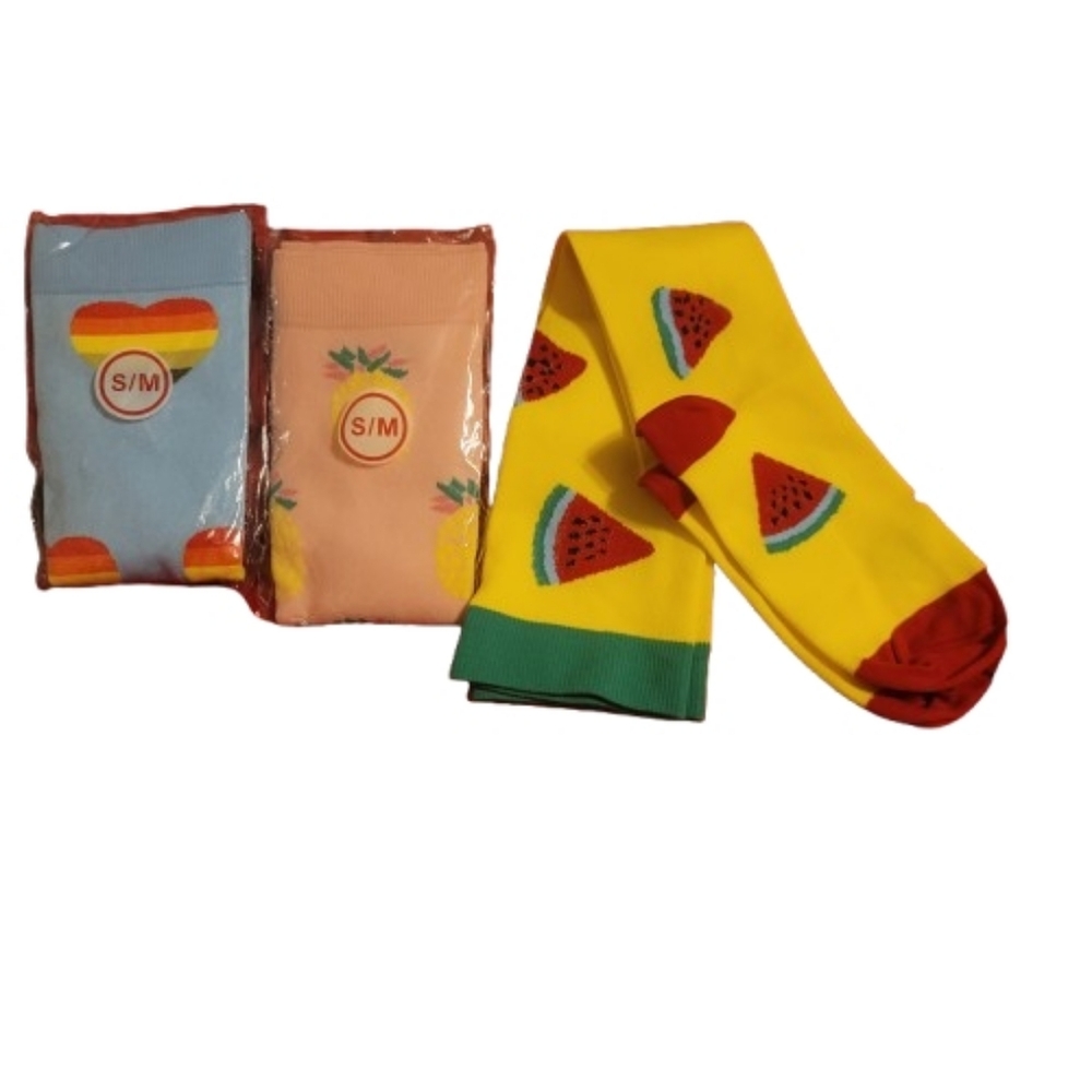 Colorful Watermelon, Pineapple, and Heart Patterned Socks Knee Hi's